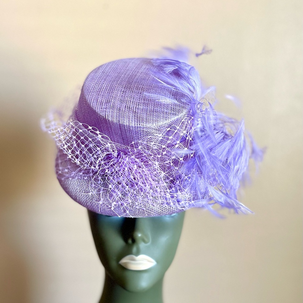 Purple short-Brimmed Hat with Feather Accents